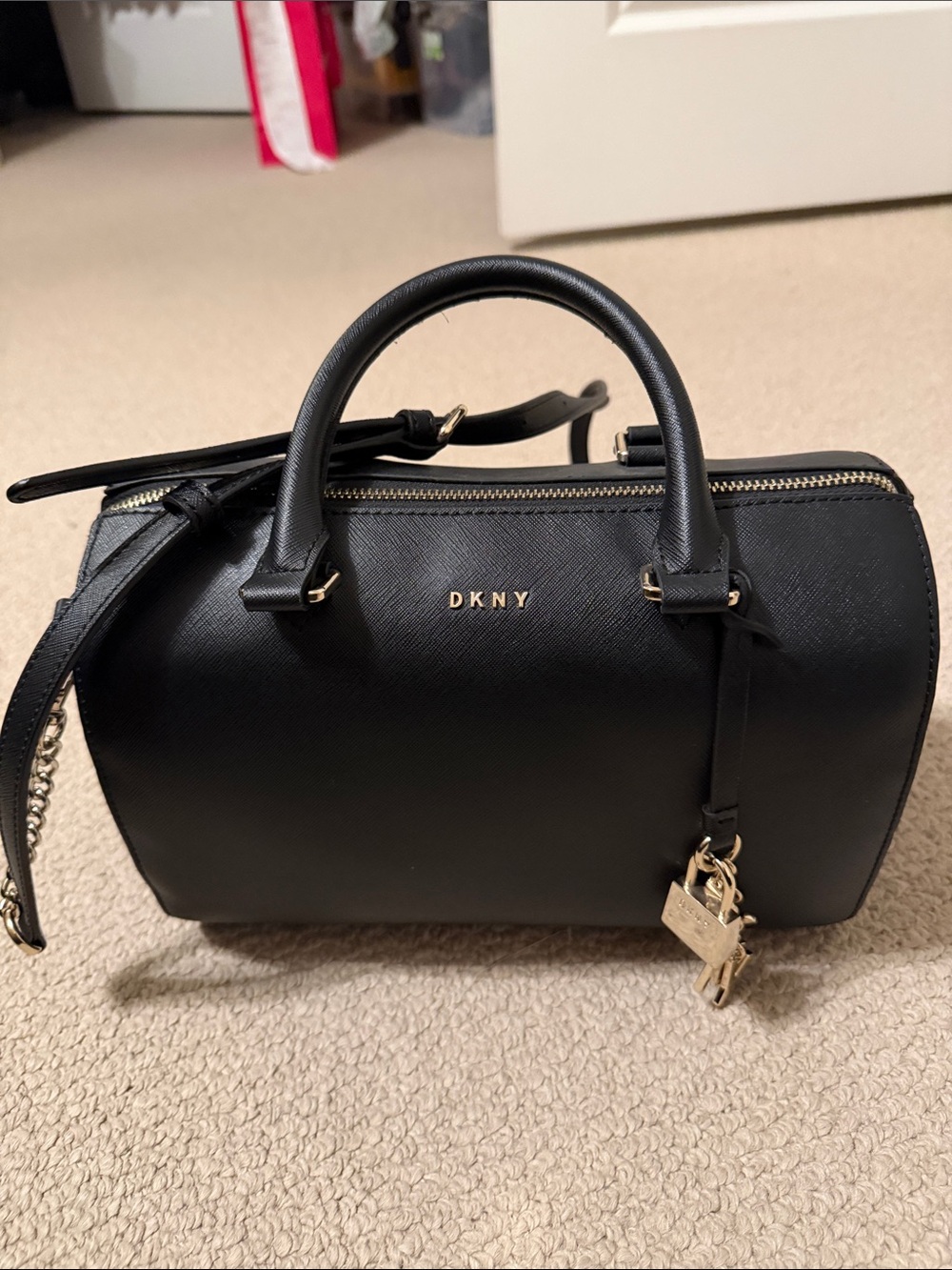 DKNY Black Leather Dome Satchel with Gold Hardware Charm